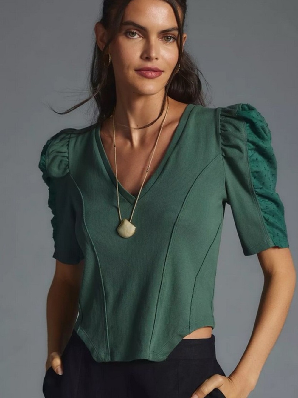 NWT By Anthropologie Ribbed Puff Sleeve V Neck Top in Holly - XL